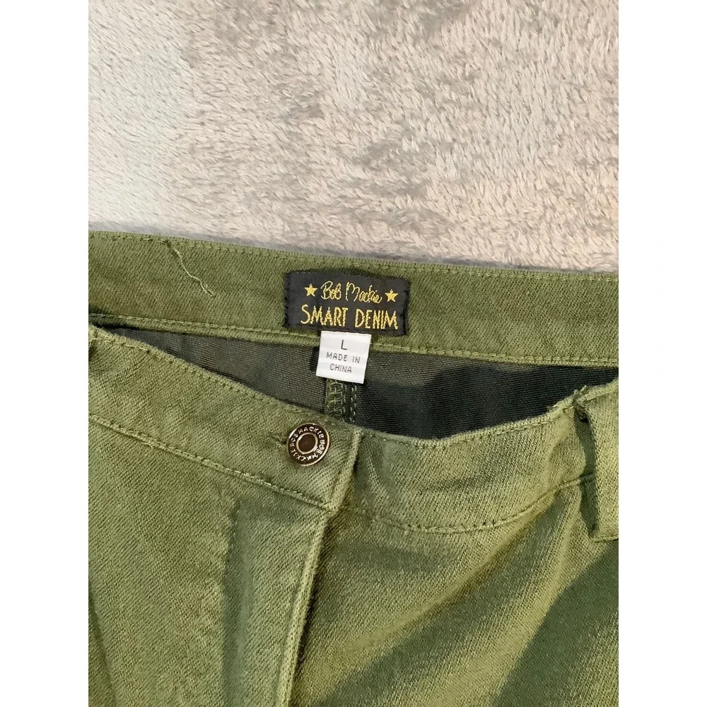 Bob Mackie Smart Denim 2-Pc Suit Green Gold Piping Jacket Pants Set Women's L